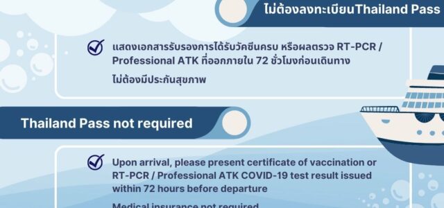 – ไม่ต้องลงทะเบียน Thailand Pass – แสดงเอกสารรับรองการได้รับวัคซีนครบ หรือผลตรวจ RT-PCR / Professional ATK ที่ออกภายใน 72 ชั่วโมงก่อนเดินทาง – ไม่ต้องมีประกันสุขภาพ —————————————– – Thailand Pass not required – Upon arrival, please present certificate of vaccination […]